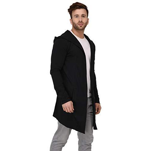 Denimholic Men's Cotton Blend Hooded Long Line Cardigan (Black, Large)