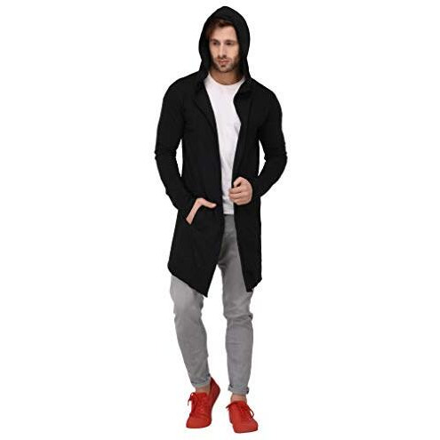 Denimholic Men's Cotton Blend Hooded Long Line Cardigan (Black, Large)
