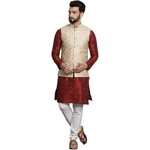 Sojanya (Since 1958 Men's Silk Blend Maroon Kurta & Cream Pyjama With Beige Embroiderd Nehrujacket