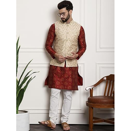 Sojanya (Since 1958 Men's Silk Blend Maroon Kurta & Cream Pyjama With Beige Embroiderd Nehrujacket