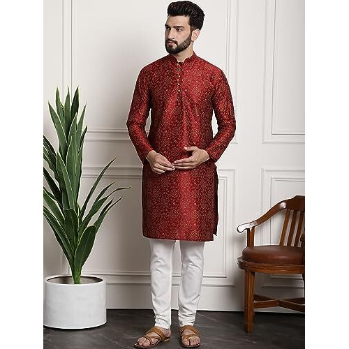 Sojanya (Since 1958 Men's Silk Blend Maroon Kurta & Cream Pyjama With Beige Embroiderd Nehrujacket