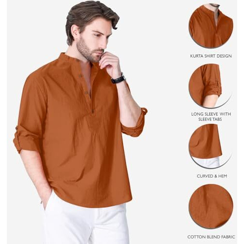 Zombom Cotton Blend Solid Casual Regular Fit Mandarin/Chinese Collor Short Kurta Shirt For Men Brown