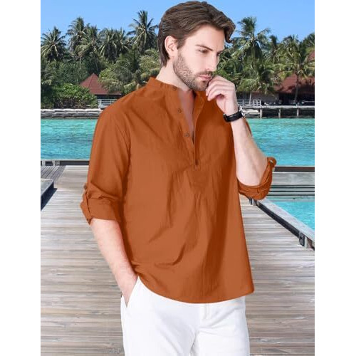Zombom Cotton Blend Solid Casual Regular Fit Mandarin/Chinese Collor Short Kurta Shirt For Men Brown