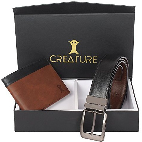 Creature Belt & Wallet Combo For Men Vegan Leather Black & Brown Reversible Belt For Men(Bl-01 Wl-007)