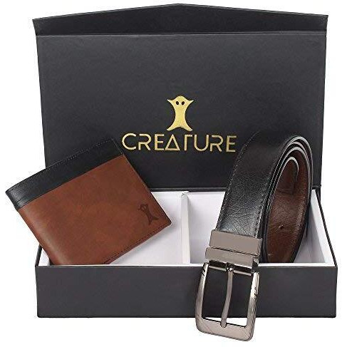 Creature Belt & Wallet Combo For Men Vegan Leather Black & Brown Reversible Belt For Men(Bl-01 Wl-007)