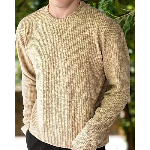 I Enterprise Cotton Blend Regular Fit Round Neck Plain Solid Full Sleeve T-Shirt For Men & Boys Color - Beige Size-M