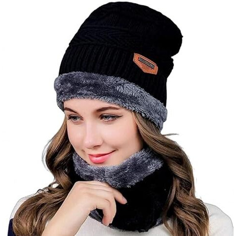 Concepta Winter Beanie Cap & Neck Muffler, Soft Woolen Muffler & Cap Scarf Set For Men & Women Velvet Neck Scarf Warmer Set Knit Hat Thick Fleece Lined Winter Hat Free Size (Pack Of 1 Pair)