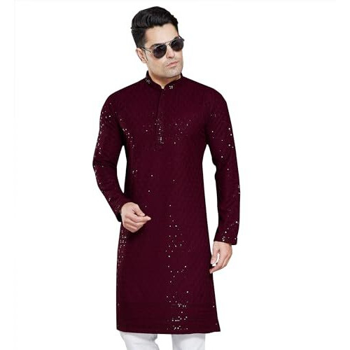 Divisive Men's Sequince Embroidered Cotton Blend Only Kurta (Dkrt4_L_Burgundy)