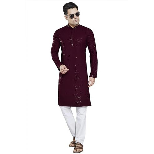 Divisive Men's Sequince Embroidered Cotton Blend Only Kurta (Dkrt4_L_Burgundy)
