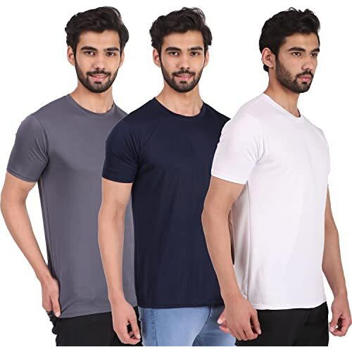 London Hills Men Polyester Solid Round Neck Multicolor Half Sleeve Slim Fit T-Shirt, Large