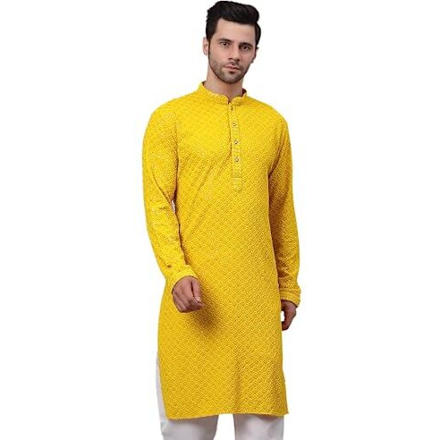 Jompers Men's Chikankari Embroidered And Sequence Kurtas (Yellow, M)