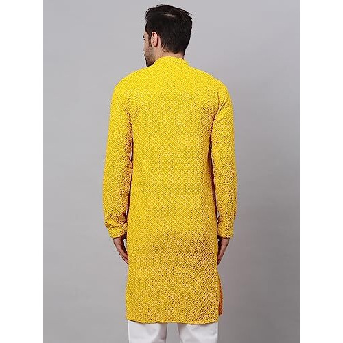 Jompers Men's Chikankari Embroidered And Sequence Kurtas (Yellow, M)