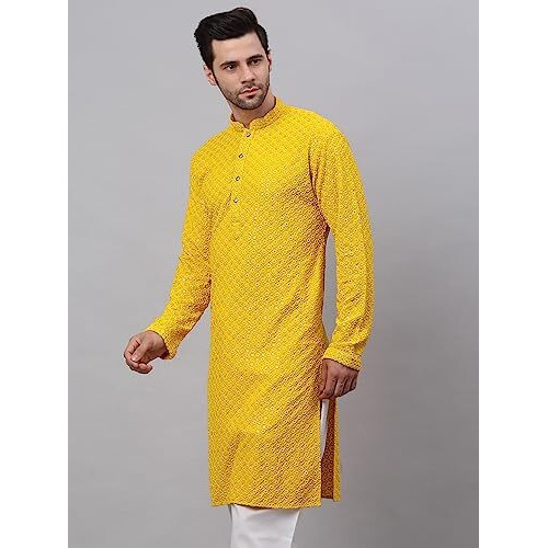 Jompers Men's Chikankari Embroidered And Sequence Kurtas (Yellow, M)