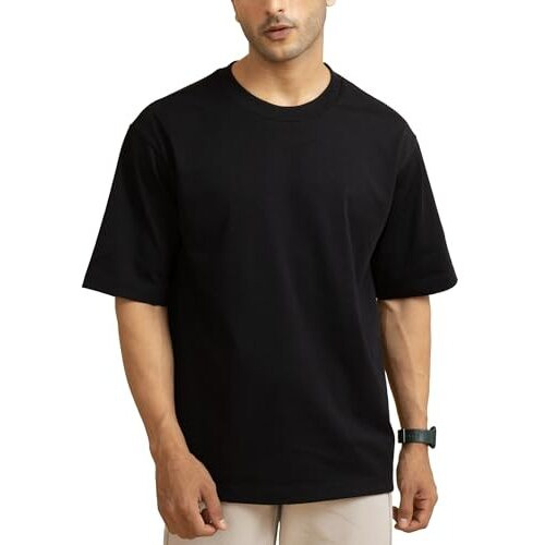 Damensch Statement Oversized Solid T-Shirts | Premium Cotton Blend, Colours By High-Iq Dyes-Pack Of 1-Jet Black-Large