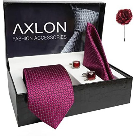 Axlon Mens Plaid Dotted Silk Necktie Gift Set With Pocket Square Cufflinks & Brooch Pin Tie For Men Formal With Leatherite Box (Dark Purple A9Plrx Free Size)