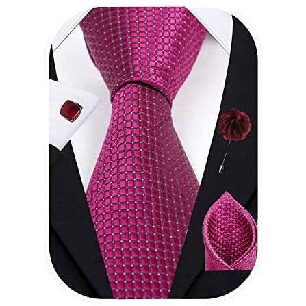 Axlon Mens Plaid Dotted Silk Necktie Gift Set With Pocket Square Cufflinks & Brooch Pin Tie For Men Formal With Leatherite Box (Dark Purple A9Plrx Free Size)