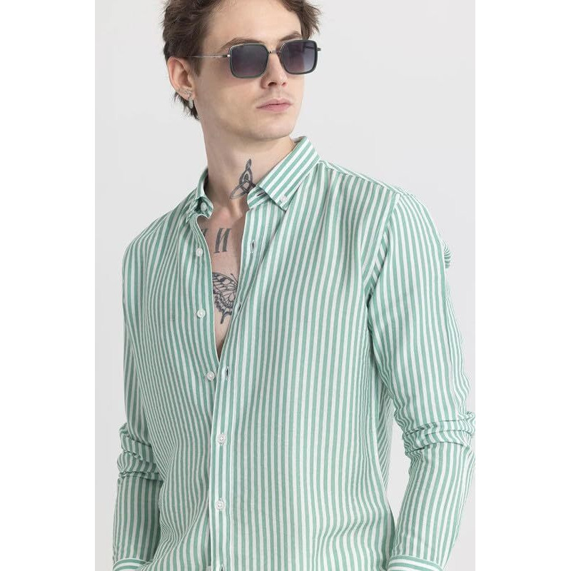 U-Turn Men's Cotton Casual Printed Striped Stylish Lates Slim Fit T-Shirt For Men (Green-White Small)