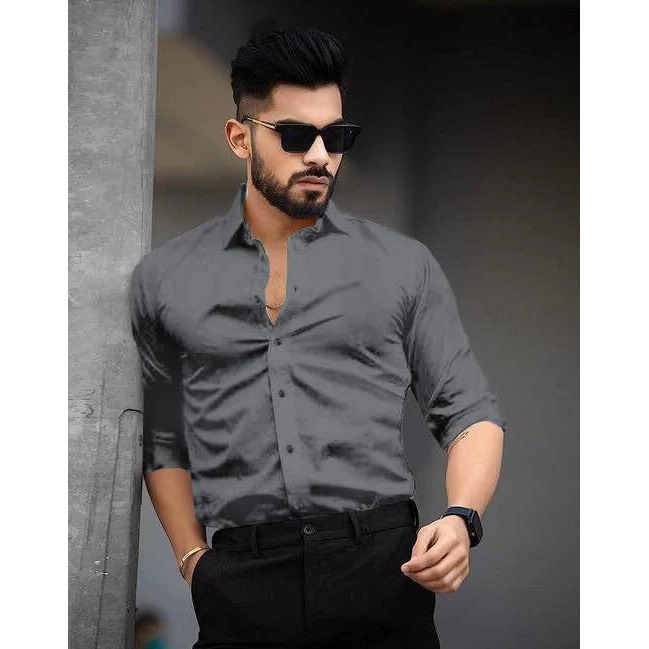 Tee Projekt Shirt For Men Cotton Plain Spread Collar Casual Shirt Parfect For Ormal Wear, Home Wear, Office Wear Grey