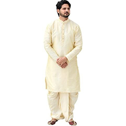 Shubh Mangalam Men's Silk Kurta Dhoti (Golden, 40)