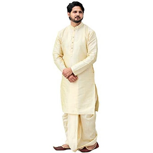 Shubh Mangalam Men's Silk Kurta Dhoti (Golden, 40)