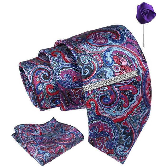 Axlon Red Blue Pasiley Tie For Men  Formal Ties Set With Pocket Square, Cufflink, Tie Clip & Flower Pin With Gift Box For Mens (Axfbk26)