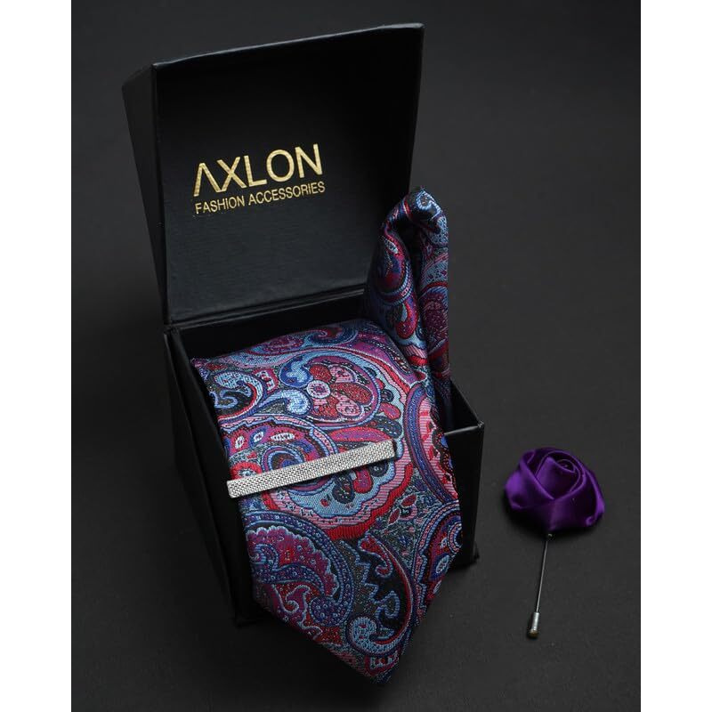 Axlon Red Blue Pasiley Tie For Men  Formal Ties Set With Pocket Square, Cufflink, Tie Clip & Flower Pin With Gift Box For Mens (Axfbk26)