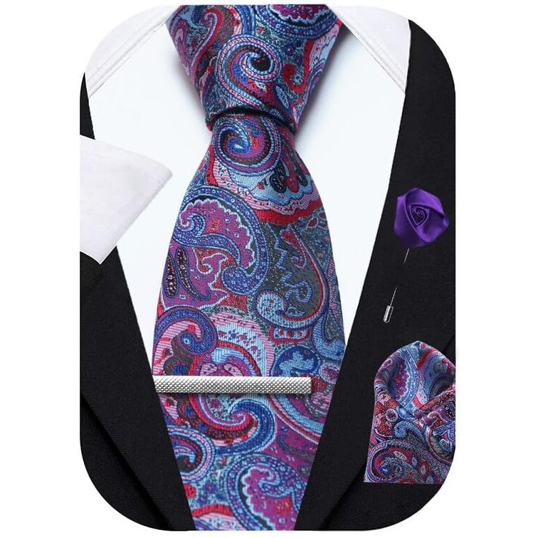 Axlon Red Blue Pasiley Tie For Men  Formal Ties Set With Pocket Square, Cufflink, Tie Clip & Flower Pin With Gift Box For Mens (Axfbk26)