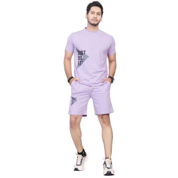 Hoodmastar Men's Cotton Printed Night Suit Set Of Top & Shorts Light Purple