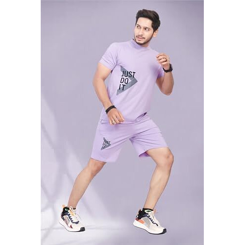 Hoodmastar Men's Cotton Printed Night Suit Set Of Top & Shorts Light Purple