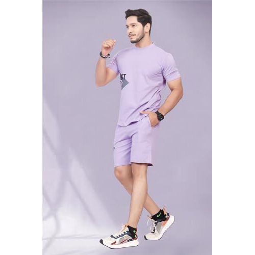 Hoodmastar Men's Cotton Printed Night Suit Set Of Top & Shorts Light Purple