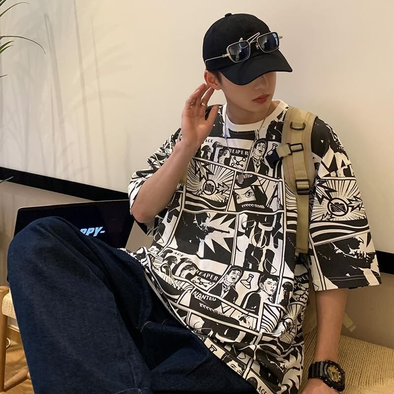 Thalasi Comic All Over Printed Green Anime Oversized T Shirts For Men - Drop Shoulder Loose Fit Cotton T-Shirt - Trending Naruto Itachi Oversized Tshirt & Eren Yeager Oversize T Shirt