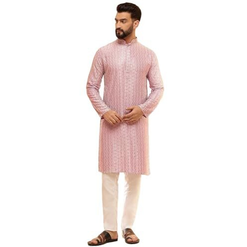 Sojanya (Since 1958 Men's Cotton Rayon Shiny Thread Sequinned Pink Kurta With White Pyjama