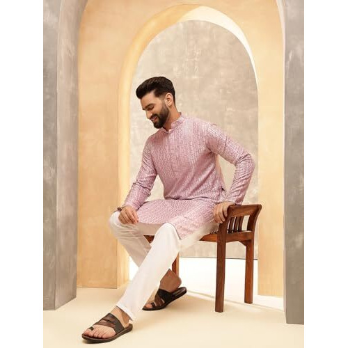 Sojanya (Since 1958 Men's Cotton Rayon Shiny Thread Sequinned Pink Kurta With White Pyjama