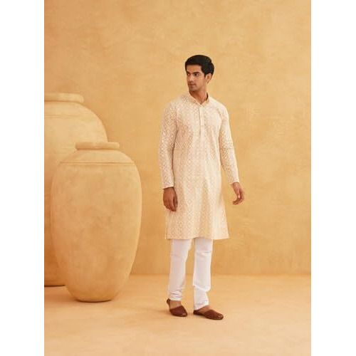 Sojanya (Since 1958 Men's Cotton Gold Sequence Embroidered Beige Kurta With White Churidaar Pyjama