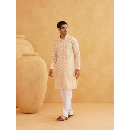 Sojanya (Since 1958 Men's Cotton Gold Sequence Embroidered Beige Kurta With White Churidaar Pyjama