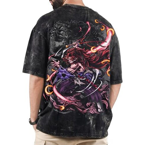 Comicsense.Xyz Cotton Unisex Anime Oversized Stone Washed T Shirts For Men And Women, 220 Gsm Upper Moon One Printed Drop Shoulder Anime Tshirt - X-Large Charcoal