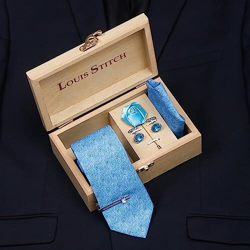 Louis Stitch Mens Blue Necktie Italian Silk Suit Tie Incl Pocket Square Cufflinks Tiepin Brooch American Style Printed Formal Tie Gift Set For Men (Teslbu02Cp)