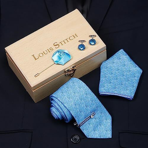 Louis Stitch Mens Blue Necktie Italian Silk Suit Tie Incl Pocket Square Cufflinks Tiepin Brooch American Style Printed Formal Tie Gift Set For Men (Teslbu02Cp)