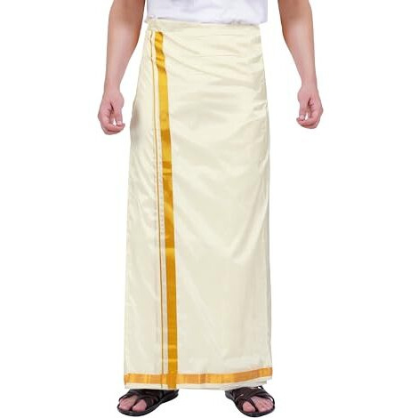 Prakasam Cotton Mens Blended Silk Type Jari Dhoti/Double Dhoti 1.28 X 3.60 Meter / 8 Mulam Vesti (Cream-3In-004)