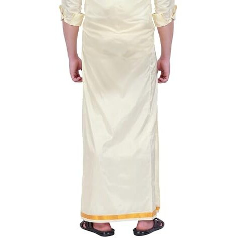 Prakasam Cotton Mens Blended Silk Type Jari Dhoti/Double Dhoti 1.28 X 3.60 Meter / 8 Mulam Vesti (Cream-3In-004)