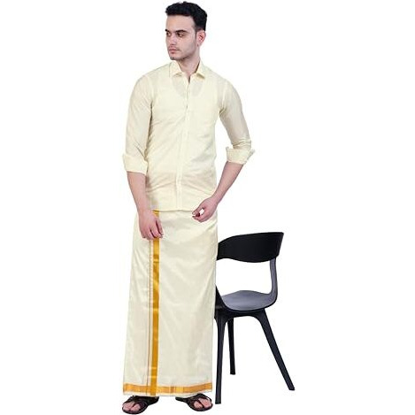 Prakasam Cotton Mens Blended Silk Type Jari Dhoti/Double Dhoti 1.28 X 3.60 Meter / 8 Mulam Vesti (Cream-3In-004)