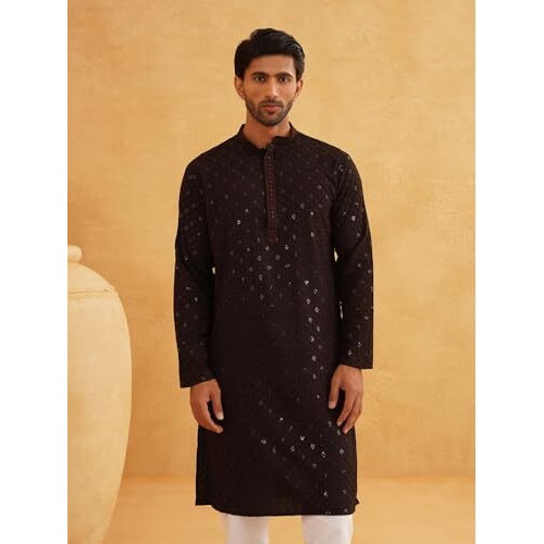 Sojanya (Since 1958 Men's Cotton Contrast Embroidered Sequinned Coffee Brown Long Kurta Size 38