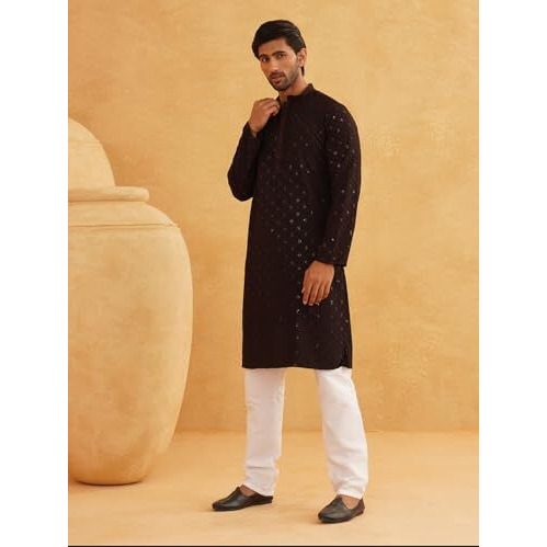 Sojanya (Since 1958 Men's Cotton Contrast Embroidered Sequinned Coffee Brown Long Kurta Size 38