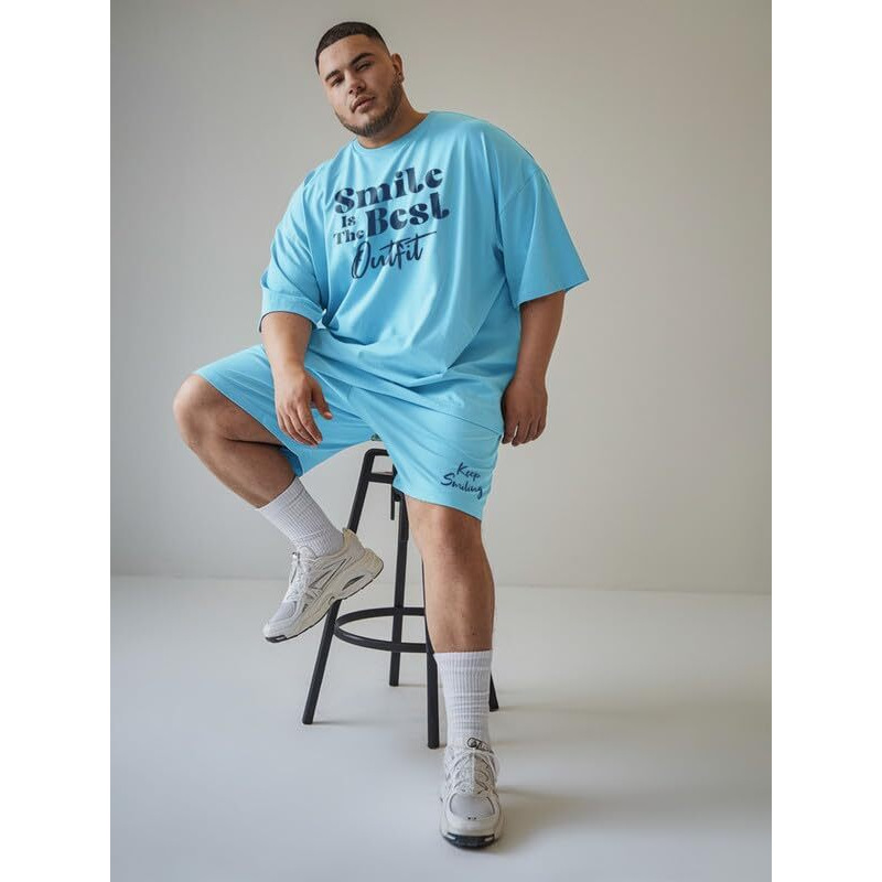 Fflirtygo Men Smile Is The Best Graphic Print Cotton T-Shirt & Short Set For Men In Turquoise Color, 5X-Large