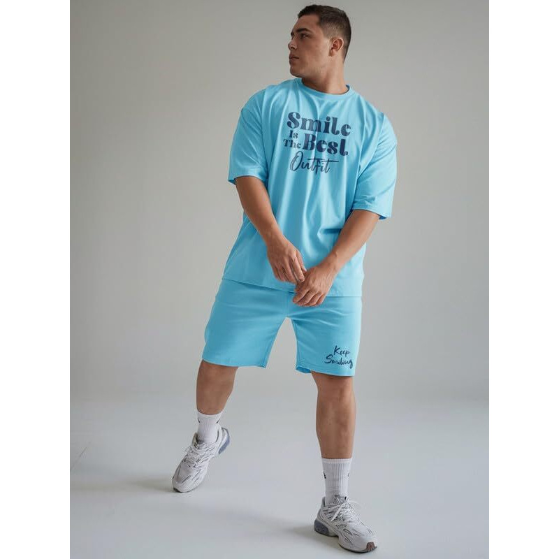 Fflirtygo Men Smile Is The Best Graphic Print Cotton T-Shirt & Short Set For Men In Turquoise Color, 5X-Large