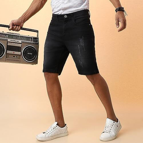 Campus Sutra Men's Black Distressed Denim Shorts For Casual Wear | Dark-Wash | Regular Fit | Button Closure | Denim Shorts Crafted With Comfort Fit For Everyday Wear (34)