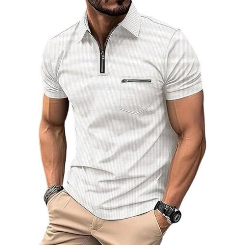Miramichi Men's Knit Polo Shirts | Quarter Zip Stretch Lightweight Golf Shirts | Business Casual Workwear | Short Sleeve Summer Fashion | Stylish Slim Fit (In, Alpha, L, White)