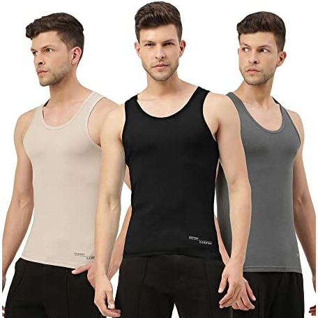 Freecultr Men's Twin Skin Bamboo Cotton Vest, Anti Microbial, Anti Odor, Breath Tech Super Soft & Comfort Fit Inner Wear - Size L Pack Of 3-Beach Sand,Black,Charcoal