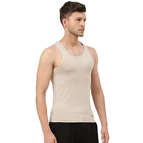 Freecultr Men's Twin Skin Bamboo Cotton Vest, Anti Microbial, Anti Odor, Breath Tech Super Soft & Comfort Fit Inner Wear - Size L Pack Of 3-Beach Sand,Black,Charcoal