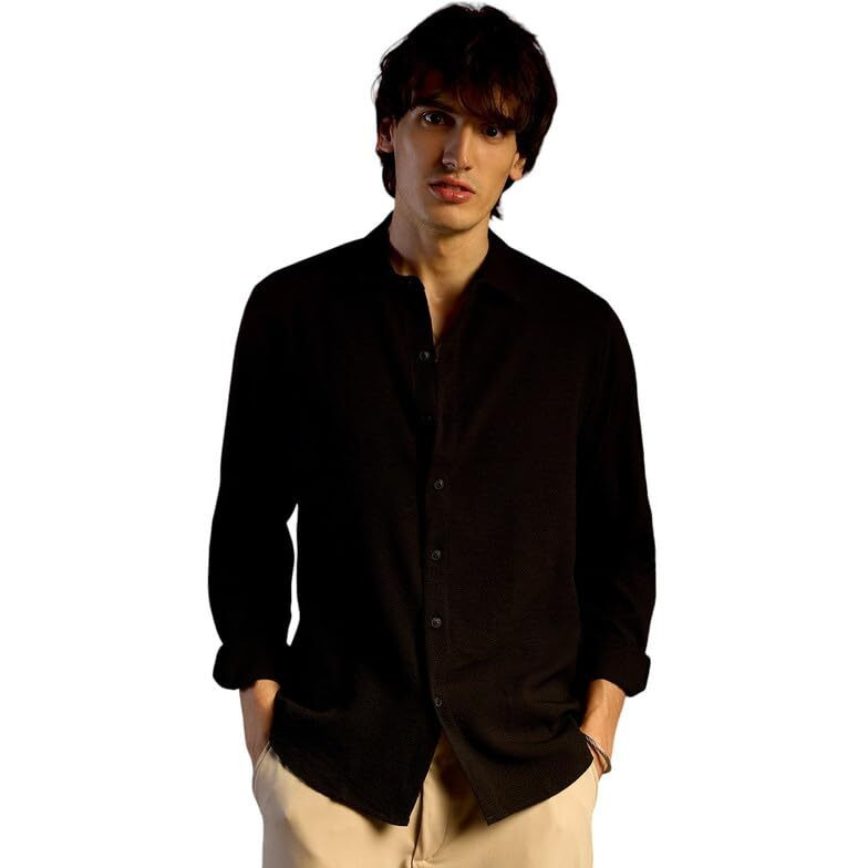 Campus Sutra Men's Polyester Midnight Black Embossed Micro Check Shirt For Casual Wear | Spread Collar | Long Sleeve | Button Closure | Shirt Crafted With Comfort Fit For Everyday Wear, Large